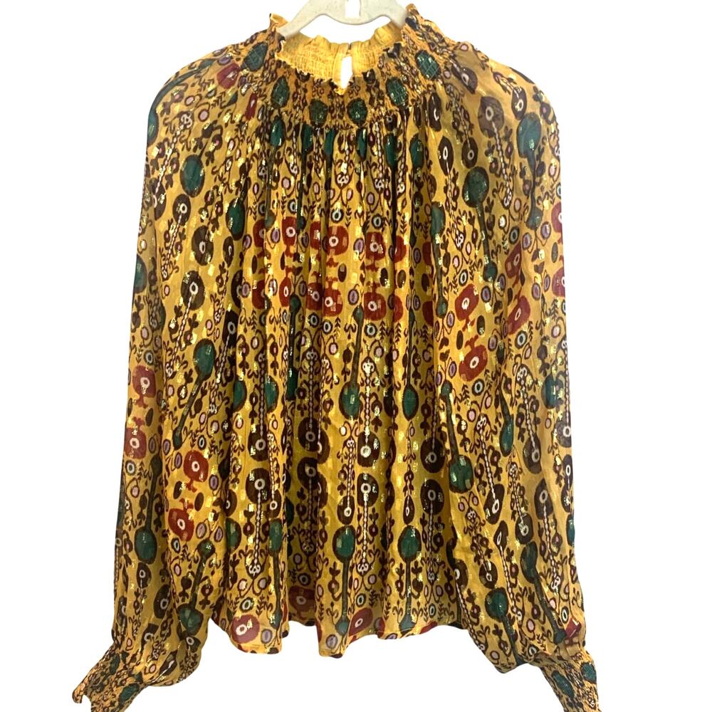 Oliphant high neck blouse gold lurex dot printed‎ balloon sleeve smocked  XS-M